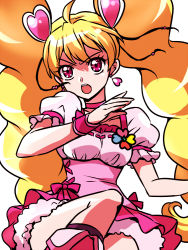 Rule 34 | 1girl, big hair, blonde hair, cure peach, earrings, fresh precure!, hair ornament, heart, heart earrings, heart hair ornament, jewelry, kagami chihiro, long hair, magical girl, momozono love, open mouth, pink eyes, precure, short sleeves, simple background, twintails, very long hair, white background