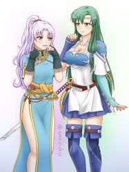 Rule 34 | 2girls, :d, amezuku, arm warmers, armor, artist name, asymmetrical gloves, bangle, belt, blue thighhighs, blush, boots, bracelet, breastplate, breasts, circlet, cleavage, cosplay, costume switch, dress, earrings, fingerless gloves, fire emblem, fire emblem: the blazing blade, florina (fire emblem), gloves, green eyes, green hair, hair down, hair up, high ponytail, highres, jewelry, katana, large breasts, long hair, lyn (fire emblem), multiple girls, nintendo, open mouth, pauldrons, pegasus knight uniform (fire emblem), pleated skirt, ponytail, purple hair, sheath, sheathed, shoulder armor, side slit, skirt, small breasts, smile, standing, sword, thigh boots, thighhighs, twitter username, uneven gloves, weapon