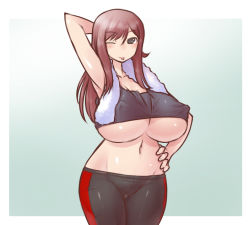 Rule 34 | 1girl, :p, akana rui, armpits, arms behind head, breasts, brown hair, censored, chousoku henkei gyrozetter, covered erect nipples, curvy, darui hito, female focus, groin, gym uniform, huge breasts, long hair, navel, one eye closed, pants, pussy, see-through, simple background, solo, standing, tongue, tongue out, underboob, wink