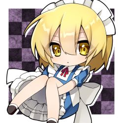 Rule 34 | 1girl, apron, back bow, blonde hair, blue dress, bow, brown footwear, checkered background, chibi, commentary request, dress, feet out of frame, frilled dress, frills, maid, maid headdress, mugetsu (touhou), puffy short sleeves, puffy sleeves, sea scorpion (umisasori), short sleeves, touhou, touhou (pc-98), waist apron, white apron, white bow, yellow eyes