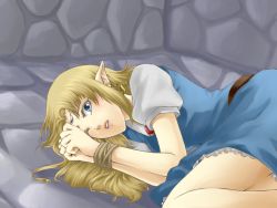 Rule 34 | 1girl, bad id, bad pixiv id, bdsm, blonde hair, blue eyes, bondage, bound, dress, earrings, jewelry, long hair, nintendo, pointy ears, princess zelda, solo, the legend of zelda, the legend of zelda: a link to the past, tied up (nonsexual), triforce, wasabi (legemd)