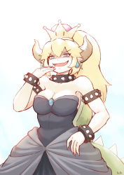 Rule 34 | 1girl, :d, bare shoulders, black dress, blonde hair, blue eyes, bowsette, bracelet, breasts, cleavage, covering own mouth, crown, dress, earrings, fang, fingernails, grin, hand over own mouth, hand up, horns, jewelry, large breasts, looking at viewer, lutherniel, mario (series), nintendo, open mouth, pointy ears, sharp fingernails, shell, signature, slit pupils, smile, smug, solo, spiked bracelet, spikes, strapless, strapless dress, super crown
