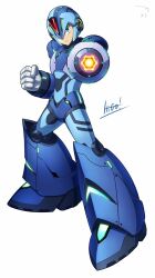Rule 34 | 1boy, aiming, aiming at viewer, arm cannon, armor, artist name, blue armor, blue footwear, blue helmet, clenched hand, forehead jewel, full body, hashtag-only commentary, helmet, hi-go!, highres, male focus, mega man (series), mega man x (series), official alternate costume, simple background, solo, weapon, white background, x (mega man), x buster
