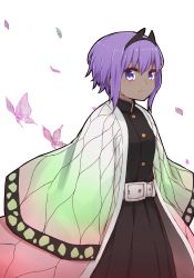Rule 34 | 1girl, animal, belt, belt buckle, black jacket, black skirt, breasts, buckle, bug, butterfly, closed mouth, cosplay, dark-skinned female, dark skin, fate/prototype, fate/prototype: fragments of blue and silver, fate (series), hair between eyes, hassan of serenity (fate), i.u.y, insect, jacket, kimetsu no yaiba, kochou shinobu, kochou shinobu (cosplay), long sleeves, looking at viewer, open clothes, petals, pleated skirt, power connection, purple eyes, purple hair, simple background, skirt, sleeves past fingers, sleeves past wrists, small breasts, solo, white background, white belt