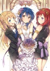 Rule 34 | 10s, 1girl, 3girls, ayase eli, bad id, bad pixiv id, bare shoulders, blonde hair, blue eyes, blue hair, blush, bouquet, breasts, choker, cleavage cutout, clothing cutout, earrings, elbow gloves, flower, formal, girl sandwich, gloves, highres, jewelry, long hair, love live!, love live! school idol project, matching hair/eyes, multiple girls, nishikino maki, purple eyes, red hair, sandwiched, short hair, skirt, skirt suit, small breasts, smile, sonoda umi, suit, yellow eyes, yuran