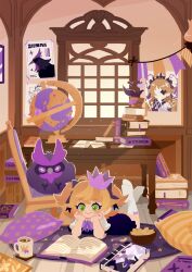 Rule 34 | 1girl, aged down, bedroom, blonde hair, blush, book, book stack, bowl, carpet, chair, child, chips (food), crown, cup, desk, dress, fischl (ein immernachtstraum) (genshin impact), fischl (genshin impact), food, genshin impact, globe, green eyes, hair ribbon, hands on own cheeks, hands on own face, highres, hot chocolate, light particles, light rays, long hair, lying, on floor, on stomach, oz (genshin impact), paper crown, pillow, poster (object), potato chips, projecttiger, purple ribbon, reading, ribbon, shirt, shirt under dress, smile, socks, stuffed toy, sunlight, two side up, white shirt, white socks, window