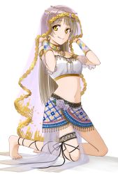 Rule 34 | 10s, 1girl, arabian clothes, armlet, bandeau, bare shoulders, barefoot, bracelet, brown hair, choker, cross-laced clothes, cross-laced legwear, dancer, earrings, feet, full body, highres, jewelry, kneeling, long hair, looking at viewer, love live!, love live! school idol festival, love live! school idol project, midriff, minami kotori, navel, necklace, rurie (lourie), see-through, smile, solo, thighlet, toes, veil, yellow eyes