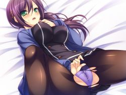 Rule 34 | 1girl, blush, breasts, clothes, female focus, gradient background, green eyes, large breasts, long hair, looking at viewer, lying, on back, panties, pantyhose, purple hair, solo, sorai shin&#039;ya, sweat, torn clothes, torn pantyhose, underwear