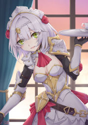 Rule 34 | 1girl, :d, armor, armored dress, belt, blunt bangs, blurry, braid, breasts, carrying, cleavage, cup, curtains, depth of field, gauntlets, genshin impact, green eyes, hair ornament, long sleeves, looking at viewer, maid, maid headdress, noelle (genshin impact), open mouth, short hair, shoulder armor, sidelocks, silver hair, single braid, smile, solo, teacup, tray, window, yuki7128