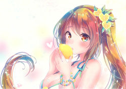 Rule 34 | 1girl, bare shoulders, bikini, blue eyes, blue ribbon, blush, bracelet, breasts, brown eyes, brown hair, character request, cleavage, commentary, english commentary, food, food-themed hair ornament, fruit, gothic wa mahou otome, gradient hair, hair ornament, heart, heart hair ornament, holding, holding food, jewelry, leaf, lemon, lemon slice, light particles, long hair, looking at viewer, medium breasts, multicolored eyes, multicolored hair, nemuri nemu, orange hair, pearl bracelet, pink lips, pouty lips, ribbon, sign, solo, swimsuit, twintails, upper body, white background, white bikini