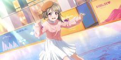 Rule 34 | 1girl, absurdres, artist name, artist request, bare legs, beret, blush, bow, breasts, brown hair, brown hat, dress, dress shirt, female focus, grey hair, hair ornament, hat, highres, layered skirt, light brown hair, long sleeves, looking at viewer, love live!, love live! nijigasaki high school idol club, love live! school idol festival, love live! school idol festival all stars, miniskirt, nakasu kasumi, parted lips, pink eyes, pink sweater, plaid, plaid skirt, pleated, pleated skirt, puffy long sleeves, puffy sleeves, purple bow, purple eyes, shirt, short hair, skating, skirt, small breasts, smile, snowflake hair ornament, solo, sparkle, sunlight, sweater, white shirt, white skirt