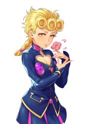 Rule 34 | 1girl, androgynous, blonde hair, blue skirt, braid, breasts, cleavage cutout, clothing cutout, contrapposto, cowboy shot, curly hair, flower, genderswap, genderswap (mtf), giorno giovanna, hand up, heart cutout, highres, jojo no kimyou na bouken, kotatsu (g-rough), long hair, long sleeves, looking at viewer, parted lips, petals, pink flower, pink rose, pleated skirt, rose, rose petals, simple background, single braid, skirt, small breasts, solo, standing, vento aureo, white background, yellow eyes