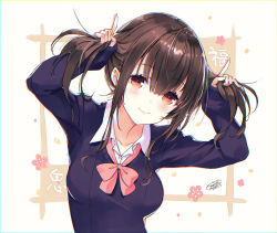 Rule 34 | 1girl, arms up, blush, bow, breasts, brown eyes, brown hair, bunching hair, closed mouth, collarbone, collared shirt, commentary request, dress shirt, long hair, long sleeves, looking at viewer, medium breasts, original, pink bow, purple sweater, sanbasou, school uniform, shirt, sidelocks, signature, sleeves past wrists, smile, solo, sweater, twintails, upper body, white background, white shirt