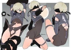 Rule 34 | 1boy, androgynous, back cutout, blindfold, blonde hair, border, clothing cutout, crop top, detached sleeves, fingerless gloves, gloves, grin, kneeling, molestation, monster, navel, nier (series), nier:automata, one eye covered, restrained, reverse newhalf, short hair, short jumpsuit, sitting, smile, sweat, tarakoutibiru, thigh strap, torn clothes, twitter username, white border, wide-eyed, 9s (nier:automata)