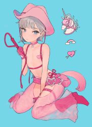 Rule 34 | 1girl, arrow through heart, between legs, blue background, blue eyes, blush, boots, closed mouth, cowboy boots, cowboy hat, flat chest, full body, gloves, grey hair, half gloves, hand between legs, hat, heart, heart pasties, holding, looking at viewer, male focus, miyako (xxxbibit), mole, mole under eye, original, pasties, pink gloves, rainbow, short hair, simple background, sitting, smile, solo, thighs, tsurime, unicorn, wariza, whip