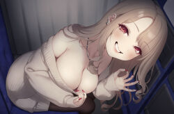 Rule 34 | 1girl, blush, breasts, cleavage, fellatio gesture, fingernails, grin, large breasts, light brown hair, looking at viewer, nail polish, off-shoulder sweater, off shoulder, original, pokachu, red eyes, ribbed sweater, sitting, smile, solo, sweater, white sweater