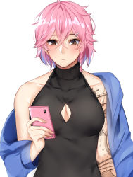 Rule 34 | 1girl, bare shoulders, blue jacket, blush, breasts, brown eyes, cellphone, cleavage, cleavage cutout, clothing cutout, hair ornament, hairclip, highres, holding, holding phone, jacket, large breasts, mole, original, phone, pink hair, rd (ardeee), short hair, sleeveless, sleeveless turtleneck, smartphone, solo, tattoo, turtleneck, white background