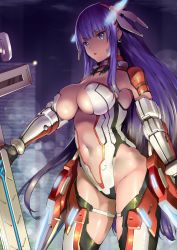 Rule 34 | 1girl, adapted costume, bare shoulders, black gloves, blue eyes, blunt bangs, breasts, center opening, cityscape, cleavage, cross, earrings, fate/grand order, fate (series), female focus, gauntlets, gloves, headgear, highleg, highleg leotard, highres, jewelry, large breasts, leotard, long hair, looking at viewer, martha (aerial drive) (fate), martha (fate), mecha musume, navel, night, night sky, open mouth, parted lips, purple hair, revealing clothes, science fiction, sky, solo, straight hair, thighhighs, type-moon, uo denim, very long hair, white leotard