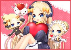Rule 34 | 3girls, :d, abigail williams (fate), abigail williams (festival outfit) (fate), abigail williams (traveling outfit) (fate), balloon, black bow, black dress, black headwear, black jacket, blonde hair, bloomers, blue eyes, blush, border, bow, braid, butterfly hair ornament, chibi, closed mouth, commentary request, dress, fate/grand order, fate (series), forehead, fou (fate), hair bow, hair bun, hair ornament, hat, heart, heroic spirit festival outfit, heroic spirit traveling outfit, holding, holding balloon, holding tray, jacket, knees up, long hair, long sleeves, medjed (fate), multiple girls, official alternate costume, open mouth, orange bow, parted bangs, polka dot, polka dot bow, red border, red footwear, shirt, single hair bun, sitting, sleeveless, sleeveless dress, sleeves past fingers, sleeves past wrists, smile, teeth, tray, underwear, upper teeth only, very long hair, white bloomers, white shirt, yukiyuki 441