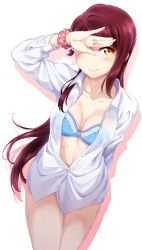 Rule 34 | 1girl, arm behind back, artist name, blue bra, bra, breasts, cleavage, commentary, drop shadow, hair ornament, hairclip, half updo, hand on forehead, hand over eye, highres, long hair, long sleeves, love live!, love live! sunshine!!, medium breasts, no pants, partially unbuttoned, pink scrunchie, polka dot, polka dot scrunchie, red hair, sakurauchi riko, scrunchie, shirt, solo, surfing orange, underwear, very long hair, white background, white shirt, wrist scrunchie, yellow eyes
