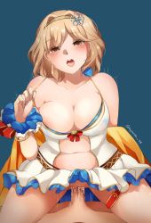 Rule 34 | 1boy, 1girl, areola slip, bare shoulders, blonde hair, blue background, blush, breasts, brown eyes, center opening, cleavage, clothed female nude male, clothed sex, cowgirl position, djeeta (granblue fantasy), dress, girl on top, granblue fantasy, headband, hetero, highres, kyousa38, large breasts, looking at viewer, motion lines, nipple slip, nipples, nude, open mouth, penis, pov, pussy juice, scrunchie, sex, short dress, simple background, skirt, straddling, sweat, swimsuit, thigh strap, uncensored, vaginal, wet, wet clothes