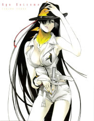 Rule 34 | 1girl, armpits, bare shoulders, belt, black hair, bracelet, breasts, character name, cleavage, hair over one eye, hat, jewelry, knife, large breasts, legs, long hair, looking at viewer, nail polish, natsume aya, official art, oogure ito, scarf, shorts, simple background, solo, standing, tenjou tenge, thighs, very long hair, white background