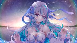 Rule 34 | absurdres, blue eyes, blue hair, blush, bow, braid, breasts, hair bow, hair ribbon, highres, ichijo rei, indie virtual youtuber, large breasts, looking at viewer, mikagami ryou, multicolored hair, nail polish, ocean, revealing clothes, ribbon, sky, solo, star (sky), starry sky, virtual youtuber, water, white hair