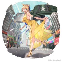 Rule 34 | + +, 1girl, ash arms, blonde hair, blue eyes, blue ribbon, blush, breasts, city, clothes lift, crosswalk, dress, dress lift, feet, hair ribbon, high heels, highres, large breasts, lifting own clothes, looking at viewer, m26 pershing (ash arms), noy, open mouth, ribbon, road, short hair, solo, street, yellow dress