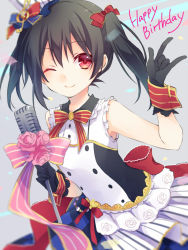 Rule 34 | 10s, 1girl, ;), black gloves, black hair, bow, bowtie, breasts, buttons, cafe maid (love live!), confetti, dress, flower, fortissimo, gloves, grey background, hair bow, hair ornament, happy birthday, holding, holding microphone, kuroi (liar-player), love live!, love live! school idol festival, love live! school idol project, m/, microphone, microphone stand, musical note, musical note hair ornament, one eye closed, pink flower, pink rose, red eyes, ribbon, rose, sleeveless, sleeveless dress, small breasts, smile, solo, treble clef, twintails, upper body, wrist cuffs, yazawa nico