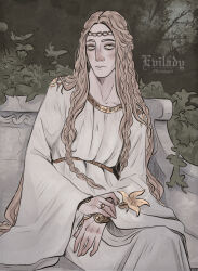 Rule 34 | 1boy, aged up, blonde hair, braid, circlet, elden ring, eviladyart, flower, garden, gold bracelet, gold trim, hands on lap, highres, holding, holding flower, jewelry, lily (flower), long hair, looking to the side, miquella (elden ring), multiple braids, on bench, own hands clasped, own hands together, ring, robe, sitting, stone bench, very long hair, white robe, yellow eyes