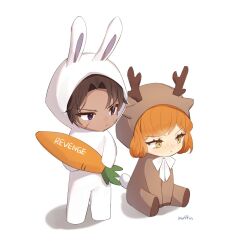 Rule 34 | 1boy, 1girl, animal costume, antlers, bow, bowtie, brown hair, carrot, closed mouth, green eyes, heathcliff (project moon), highres, horns, ishmael (project moon), limbus company, looking to the side, love mintchoco, orange hair, parted bangs, project moon, purple eyes, rabbit costume, reindeer costume, scar, scar on face, simple background, sitting, white background, white bow, white bowtie