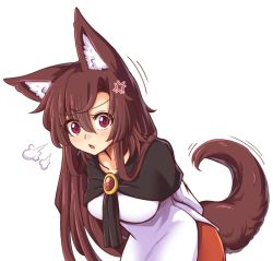 Rule 34 | 1girl, :o, puff of air, anger vein, animal ear fluff, animal ears, arms behind back, breasts, brooch, brown hair, collarbone, dress, hair between eyes, imaizumi kagerou, jewelry, large breasts, layered dress, leaning forward, long hair, long sleeves, looking at viewer, motion lines, open mouth, red eyes, red skirt, shawl, sidelocks, skirt, solo, standing, tail, touhou, upper body, very long hair, white dress, wolf ears, wolf tail, wool (miwol)