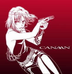 Rule 34 | 428, bad id, bad pixiv id, bare shoulders, canaan (character), canaan (series), chunsoft, gun, handgun, jewelry, monochrome, mouth hold, nassan, necklace, pistol, red background, short hair, solo, weapon
