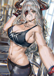 Rule 34 | 1girl, bare arms, bare shoulders, black gloves, black pants, black sports bra, breasts, cleavage, collarbone, commentary request, eyepatch, fingerless gloves, gloves, grey hair, gym, hair between eyes, hand up, highres, horns, large breasts, long hair, looking at viewer, one eye covered, original, pants, parted lips, ran&#039;ou (tamago no kimi), selfie, solo, sports bra, stomach