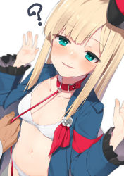 Rule 34 | 1girl, ?, animal collar, bdsm, blonde hair, blue coat, blue eyes, blurry, blurry background, blush, bra, breasts, coat, collar, collarbone, commentary request, fate/grand order, fate (series), frilled sleeves, frills, hands up, hat, holding, holding leash, leash, leash pull, long hair, long sleeves, lord el-melloi ii case files, navel, no pants, open clothes, open coat, panties, parted lips, peaked cap, red collar, reines el-melloi archisorte, simple background, slave, small breasts, solo focus, stomach, straight hair, sweat, tilted headwear, underwear, white background, white bra, white panties, wide sleeves, yuuzuki (re&#039;ef)