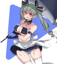 Rule 34 | absurdres, anchovy (girls und panzer), black bow, black gloves, bow, breasts, cleavage, drill hair, earrings, embarrassed, fang, girls und panzer, gloves, green hair, hair bow, highres, holding, holding umbrella, jewelry, kshimu, large breasts, looking at viewer, open mouth, pink eyes, thighhighs, twin drills, umbrella, white legwear