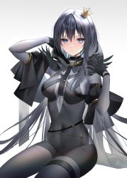 Rule 34 | 1girl, black hair, blue eyes, blue hair, breasts, capelet, closed mouth, colored inner hair, crown, expressionless, gloves, highres, kernel killer, long hair, long sleeves, looking at viewer, multicolored hair, original, pantyhose, sitting, solo, white background