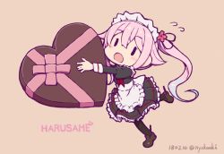 Rule 34 | 1girl, :d, alternate costume, apron, black pantyhose, candy, character name, chibi, chocolate, chocolate heart, commentary request, enmaided, flying sweatdrops, food, full body, harusame (kancolle), heart, kantai collection, long hair, looking at viewer, maid, maid apron, maid headdress, nakaaki masashi, open mouth, pantyhose, pink hair, side ponytail, simple background, smile, solo, standing, standing on one leg
