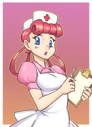 Rule 34 | 1girl, absurdres, apron, blue eyes, blush, border, breasts, clipboard, creatures (company), cross, dress, female focus, game freak, gradient background, hair rings, hands up, hat, highres, holding, joy (pokemon), looking at viewer, medium breasts, nauth, nintendo, nurse cap, open mouth, outline, pink dress, pink hair, pokemon, pokemon (anime), pokemon (classic anime), puffy short sleeves, puffy sleeves, red cross, short sleeves, simple background, solo, standing, thermometer, upper body, white border, white hat