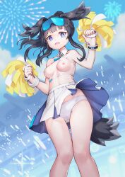 Rule 34 | 1girl, absurdres, aerial fireworks, animal ears, bare shoulders, black hair, blue archive, blue eyes, bluesnail, breasts, breasts out, cheerleader, dog ears, dog girl, dog tail, eyewear on head, fireworks, goggles, goggles on head, halo, hibiki (blue archive), hibiki (cheer squad) (blue archive), highres, long hair, looking at viewer, medium breasts, millennium cheerleader outfit (blue archive), miniskirt, nipples, official alternate costume, open mouth, paid reward available, panties, pantyshot, pleated skirt, pom pom (cheerleading), sidelocks, skirt, small breasts, solo, sunglasses, tail, topless, twintails, underwear, white panties, white skirt, wristband