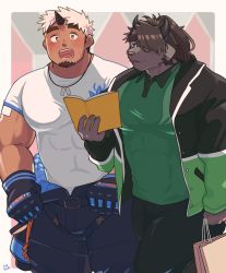 Rule 34 | 2boys, akiha gongen (housamo), animal ears, animal nose, bara, blush, book, border, brown hair, catoblepas (housamo), dark-skinned male, dark skin, dog tags, facial hair, firefighter jacket, furry, furry male, goatee, green shirt, highres, holding, holding book, horns, jacket, large pectorals, long hair, looking at viewer, male focus, multicolored hair, multiple boys, muscular, muscular male, open mouth, pectorals, ponytail, sawch cls, scar, scar on face, shirt, short hair, sideburns, signature, simple background, single horn, smile, snout, thick eyebrows, tokyo houkago summoners, two-tone hair, white border, white hair, white shirt