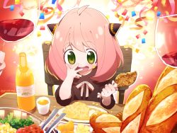 Rule 34 | 1girl, alcohol, anya (spy x family), baguette, bread, chicken (food), child, commentary request, cup, drinking glass, eating, egg (food), food, fried chicken, glass bottle, green eyes, highres, juice, omelet, omurice, orange juice, out of frame, pink hair, pjkuasu, plate, rice, spy x family, wine, wine glass
