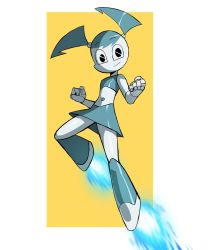 Rule 34 | 1girl, android, aqua hair, breasts, clenched hands, colored skin, commentary, english commentary, full body, highres, jenny wakeman, joints, jourd4n, looking at viewer, my life as a teenage robot, navel, robot, robot joints, rocket boots, short twintails, simple background, skirt, smile, solo, twintails, white skin