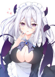 Rule 34 | 1girl, absurdres, apron, black dress, blue bow, blush, bow, breasts, brooch, cleavage, cleavage cutout, clothing cutout, collared dress, commentary request, demon girl, demon horns, demon tail, demon wings, dress, frilled apron, frills, grey hair, hair intakes, hand up, heart, highres, horns, jewelry, ko yu, large breasts, looking at viewer, maid, maid headdress, original, parted lips, purple wings, simple background, solo, tail, white background, wings