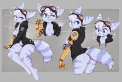 Rule 34 | 1girl, alien, animal ears, artificial limb, barefoot, blue eyes, breasts, cleavage, furry, goggles, mechanical arms, ratchet &amp; clank, ratchet &amp; clank: rift apart, rivet (ratchet &amp; clank), single mechanical arm, tail, teranen, underwear