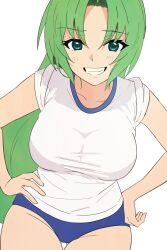 Rule 34 | 1girl, :d, bare arms, blue buruma, breasts, buruma, cowboy shot, eyelashes, gluteal fold, green eyes, green hair, grin, gym uniform, hands on own hips, highres, higurashi no naku koro ni, large breasts, light blush, long hair, looking at viewer, naughty face, open mouth, parted bangs, ponytail, shirt, short sleeves, simple background, sleeves rolled up, smile, solo, sonozaki mion, thigh gap, tsurime, very long hair, white background, white shirt, yuno ff