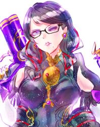Rule 34 | 1girl, bayonetta, bayonetta (series), bayonetta 3, black hair, braid, clothing cutout, earrings, eyeshadow, glasses, gloves, highres, jewelry, lipstick, long hair, looking at viewer, makeup, mole, mole under mouth, multicolored hair, red hair, ribbon, simple background, smile, solo, streaked hair, twin braids, weapon