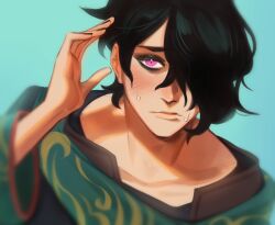Rule 34 | 1boy, absurdres, aqua background, astarutaru, black hair, black nails, closed mouth, commentary, earrings, fingernails, hair over one eye, highres, hwei (league of legends), jewelry, league of legends, light blush, long hair, looking at viewer, male focus, ponytail, purple eyes, simple background, solo, sweatdrop, swept bangs, upper body