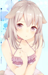 Rule 34 | 1girl, :t, animal ears, blush, closed mouth, collar, collarbone, dog ears, dog girl, dog tail, grey eyes, hand on own chest, highres, long hair, looking at viewer, manatsuki manata, original, pursed lips, silver hair, sitting, solo, tail, tareme