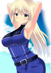 Rule 34 | 1girl, :o, armpits, arms behind head, arms up, bare shoulders, belt, belt buckle, black belt, blonde hair, blue dress, blue sky, blush, breasts, buckle, cinderella series, cloud, cloudy sky, commentary request, day, dress, green eyes, hachigatsu no cinderella nine, hair between eyes, large breasts, long hair, looking at viewer, neu (frameice), nozaki yuuki, parted lips, sideboob, sky, solo, very long hair